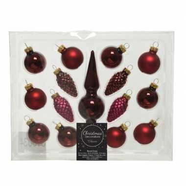 Donkerrode glazen kerstballen en piek set voor mini kerstboom 15-dlg