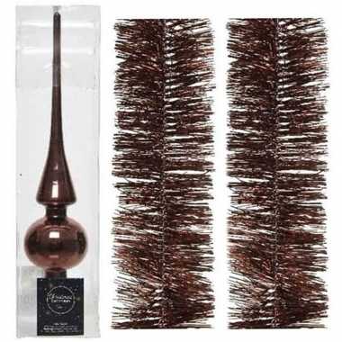 Kerstboom optuigen set mahonie bruin glazen piek en 2x kerstslingers