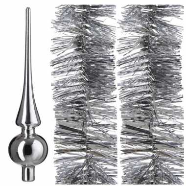 Kerstboom optuigen set zilver glazen piek en 2x kerstslingers 270 cm