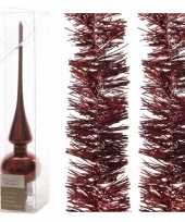 Kerstboom optuigen set donkerrood glazen piek en 2x kerstslingers 270 cm