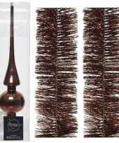 Kerstboom optuigen set mahonie bruin glazen piek en 2x kerstslingers 270 cm