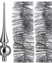 Kerstboom optuigen set zilver glazen piek en 2x kerstslingers 270 cm